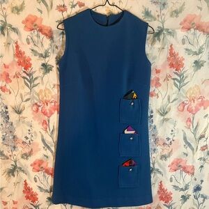 Vintage Blue Sleeveless Dress with Pocket Details